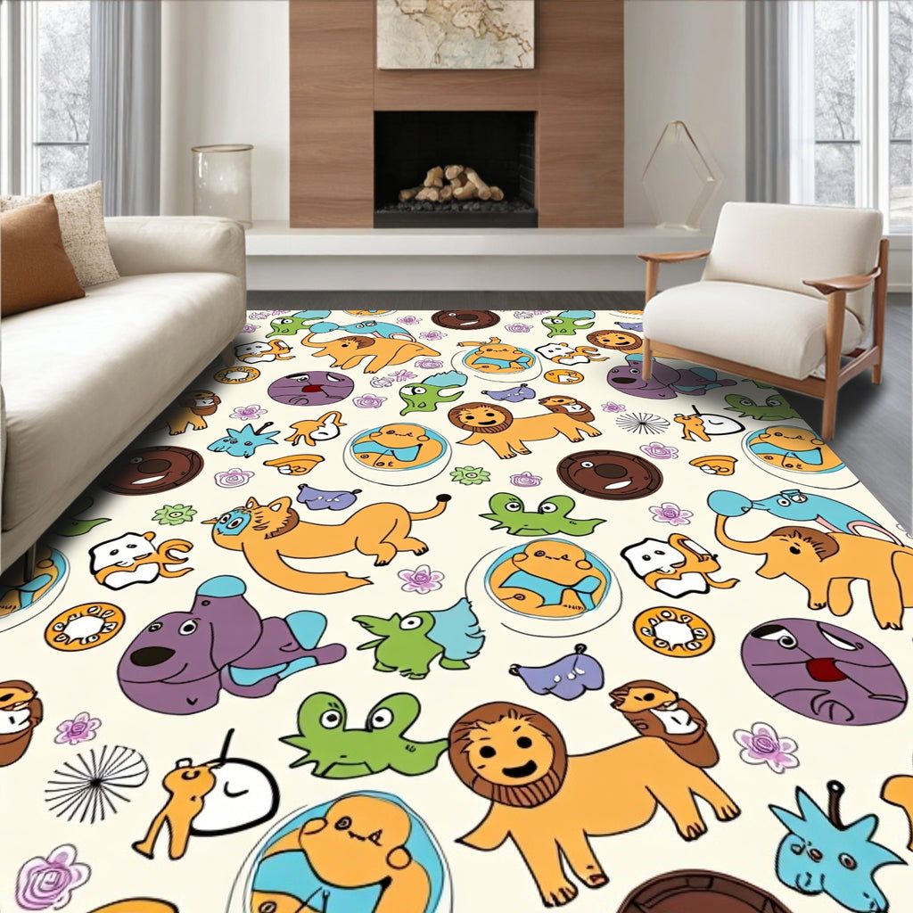 Whimsical Cartoon Animal Collage Rug