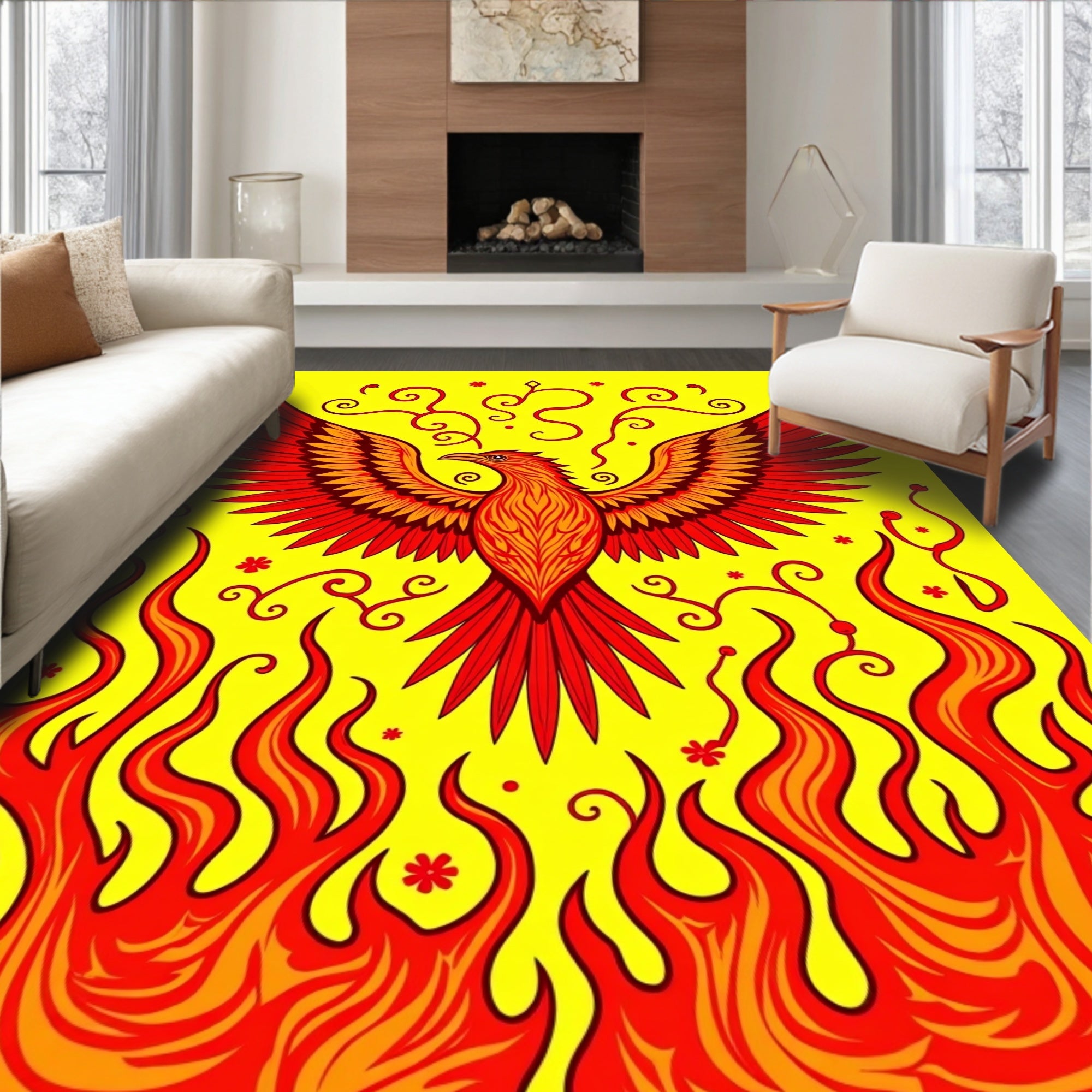 Fiery Red Phoenix With Swirling Flames Rug