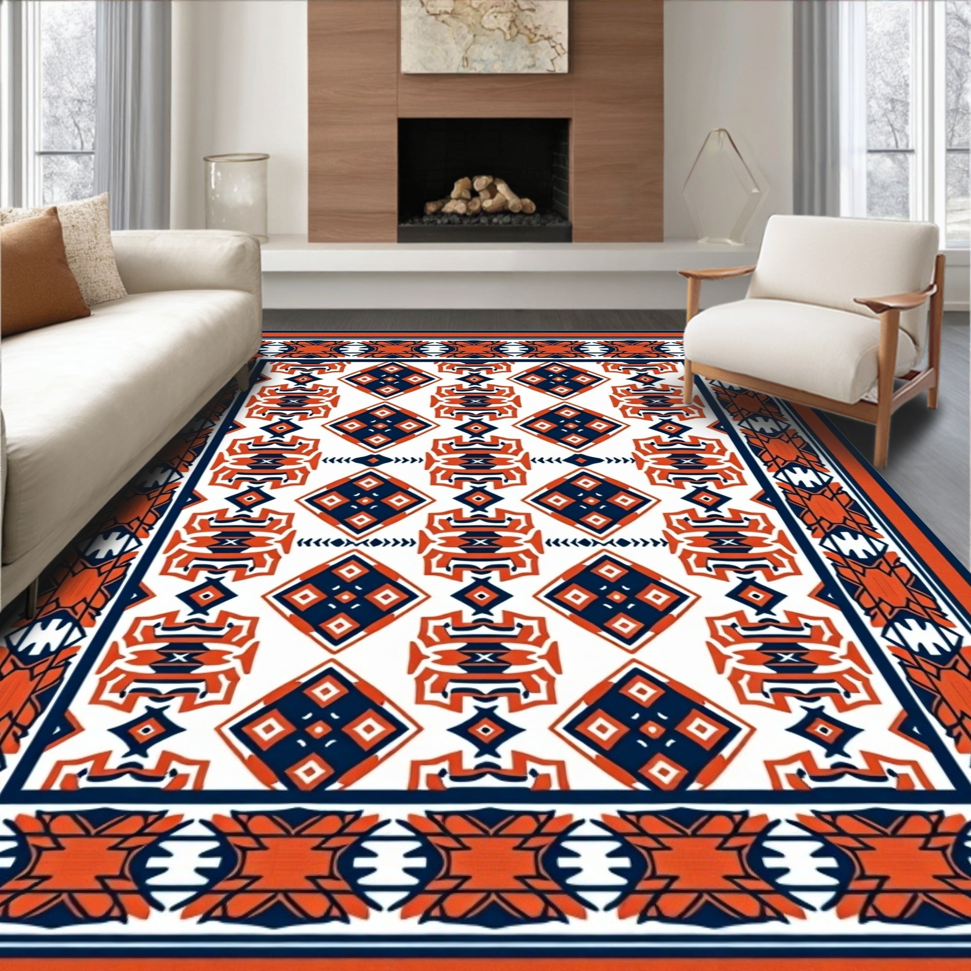 Orange Navy Diamond Geometric Border Rug