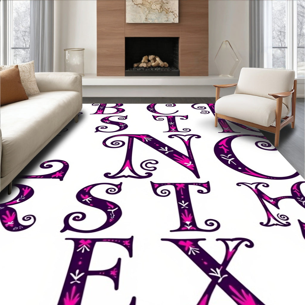 Ornate Alphabet Collage Deep Purple Pink Rug