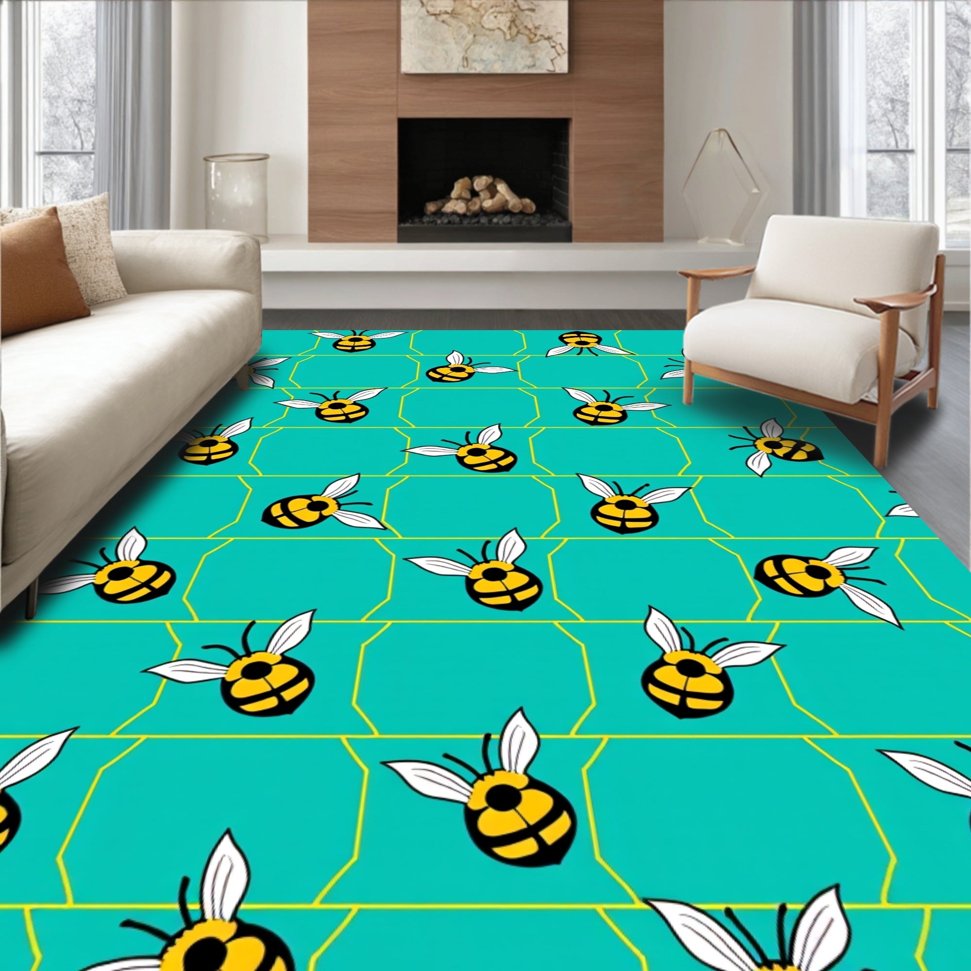 Yellow Bees Teal Honeycomb Background Rug