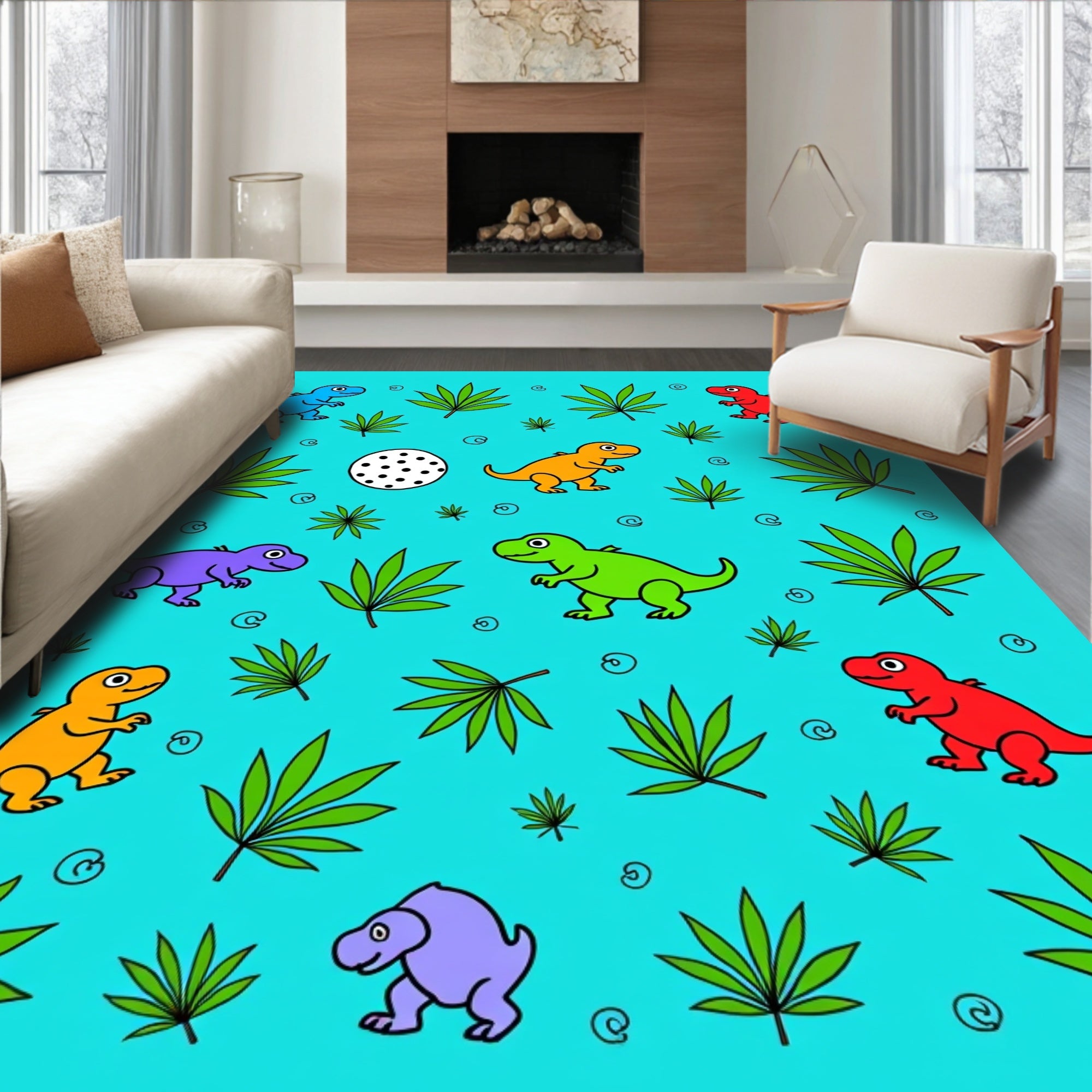 Cute Dinosaur Jungle Fern Playful Rug