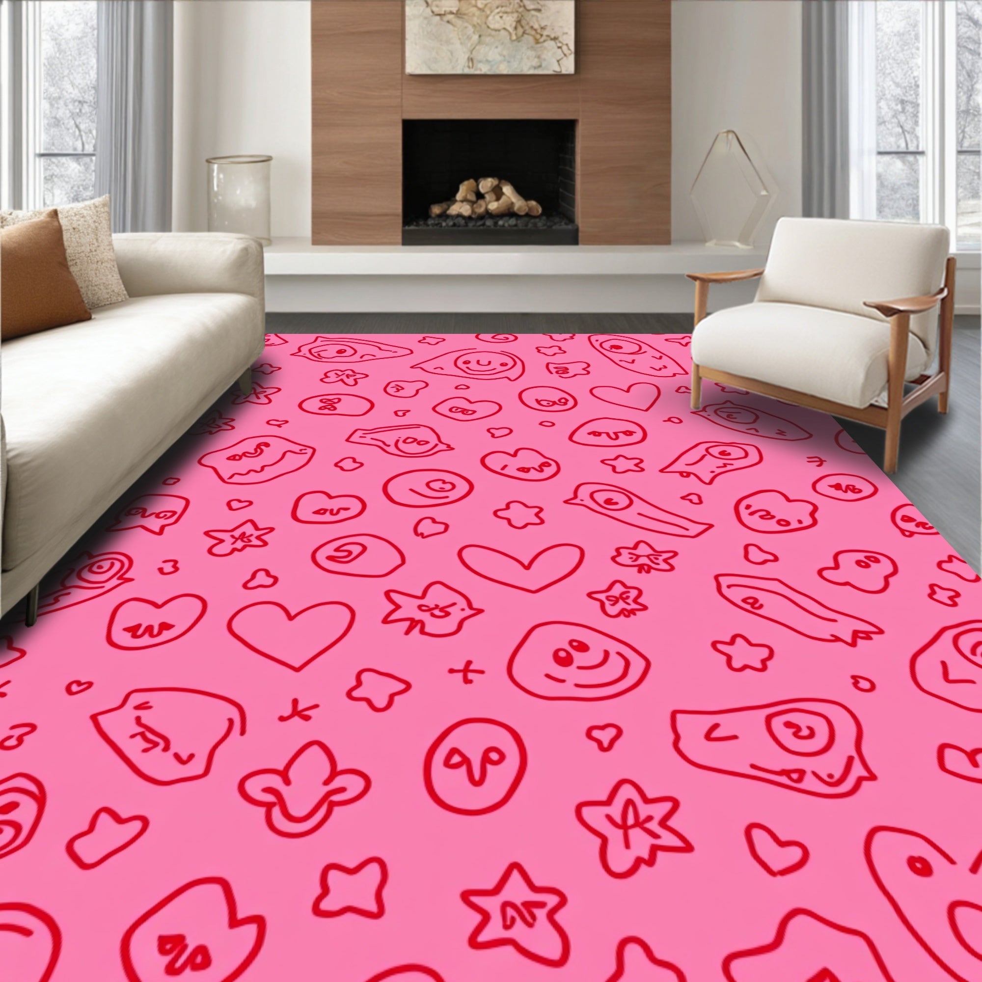 Whimsical Pink Doodle Hearts And Faces Rug