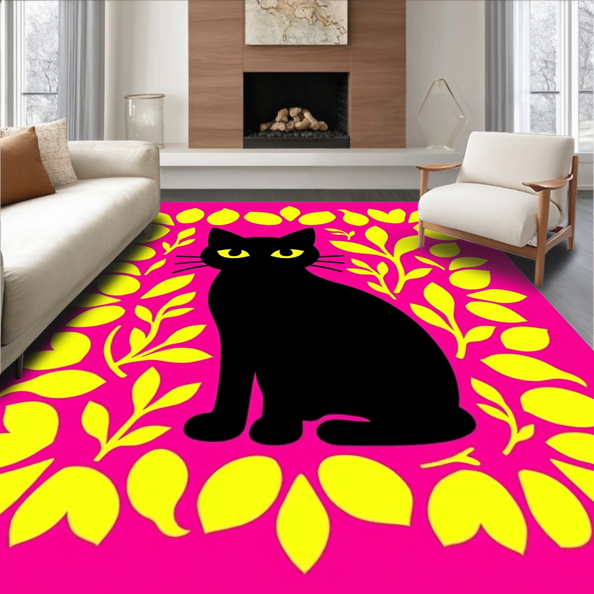 Black Cat Bright Floral Border Rug