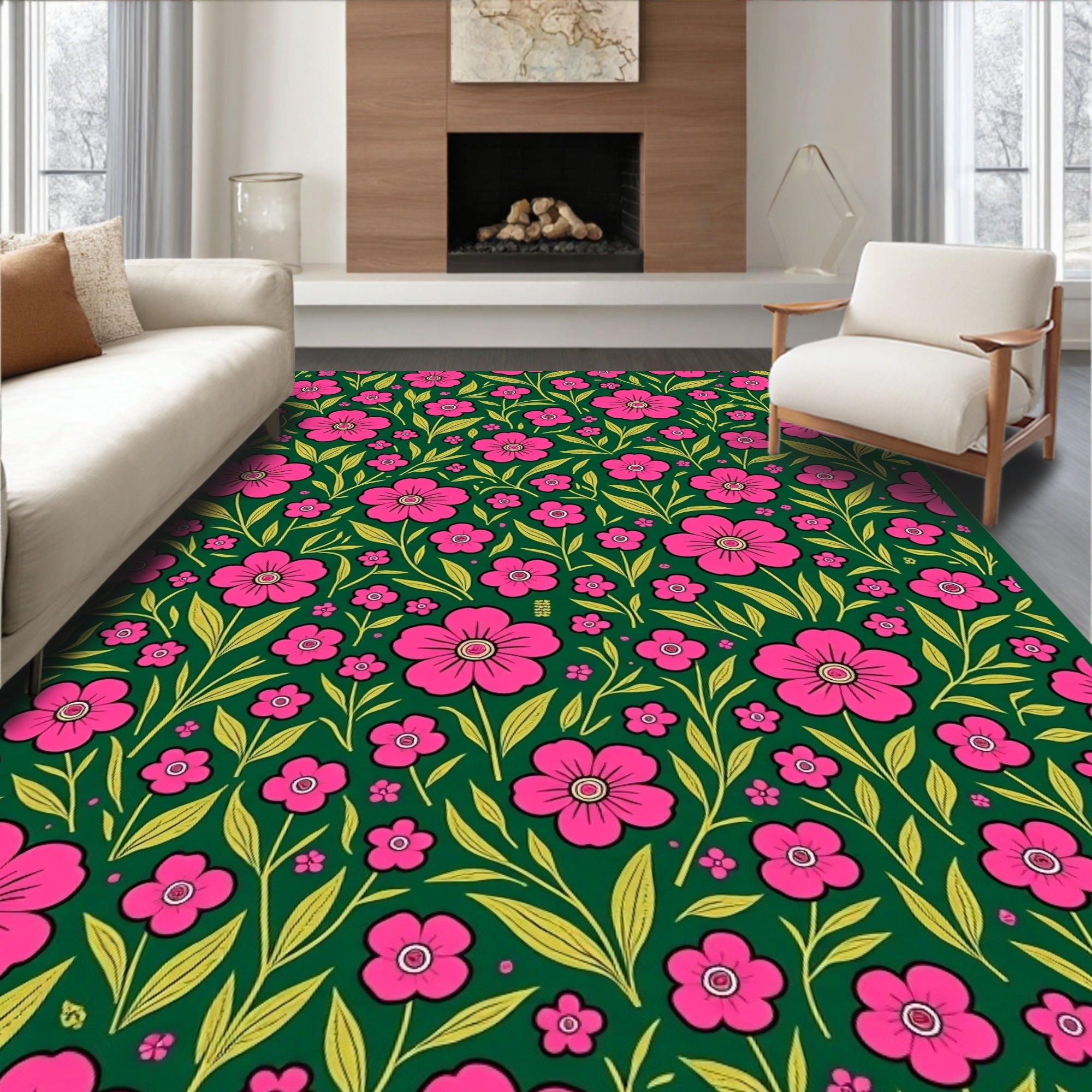 Vibrant Fuchsia Floral Vine Garden Rug
