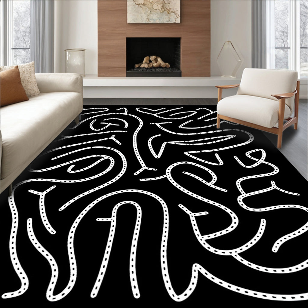 Bold Black White Abstract Swirls Rug