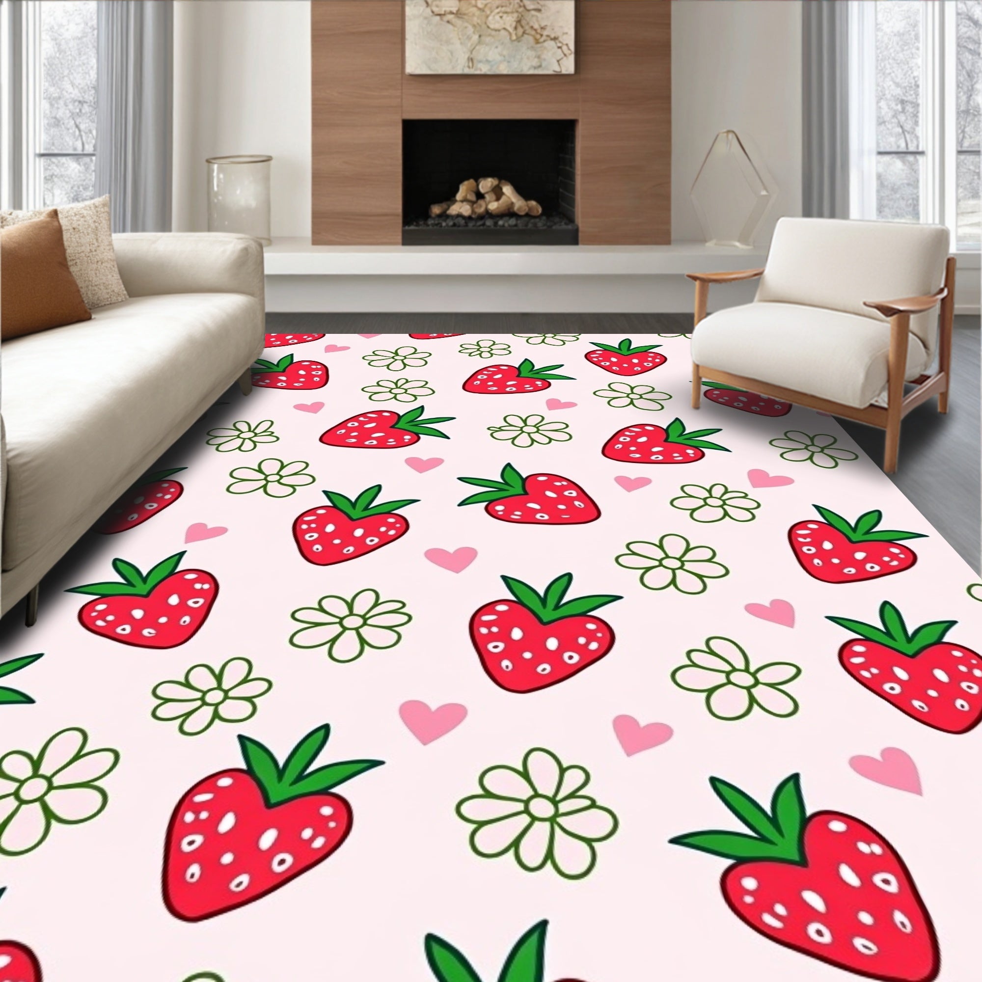 Sweet Red Strawberry Pink Hearts Flowers Rug