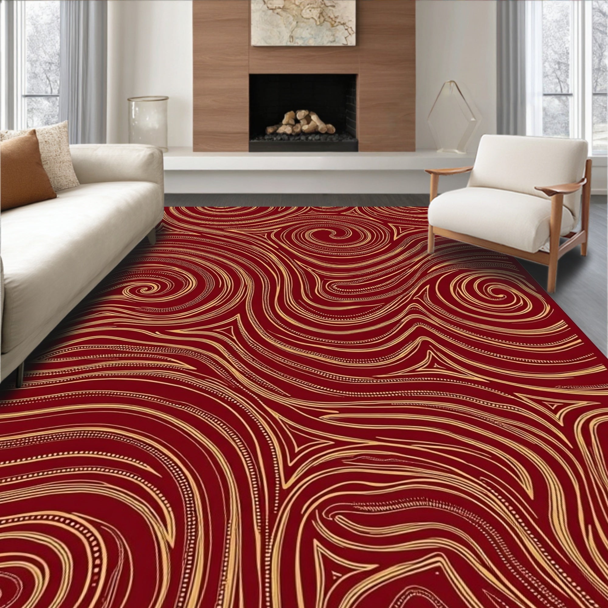 Crimson Gold Swirl Line Art Rug