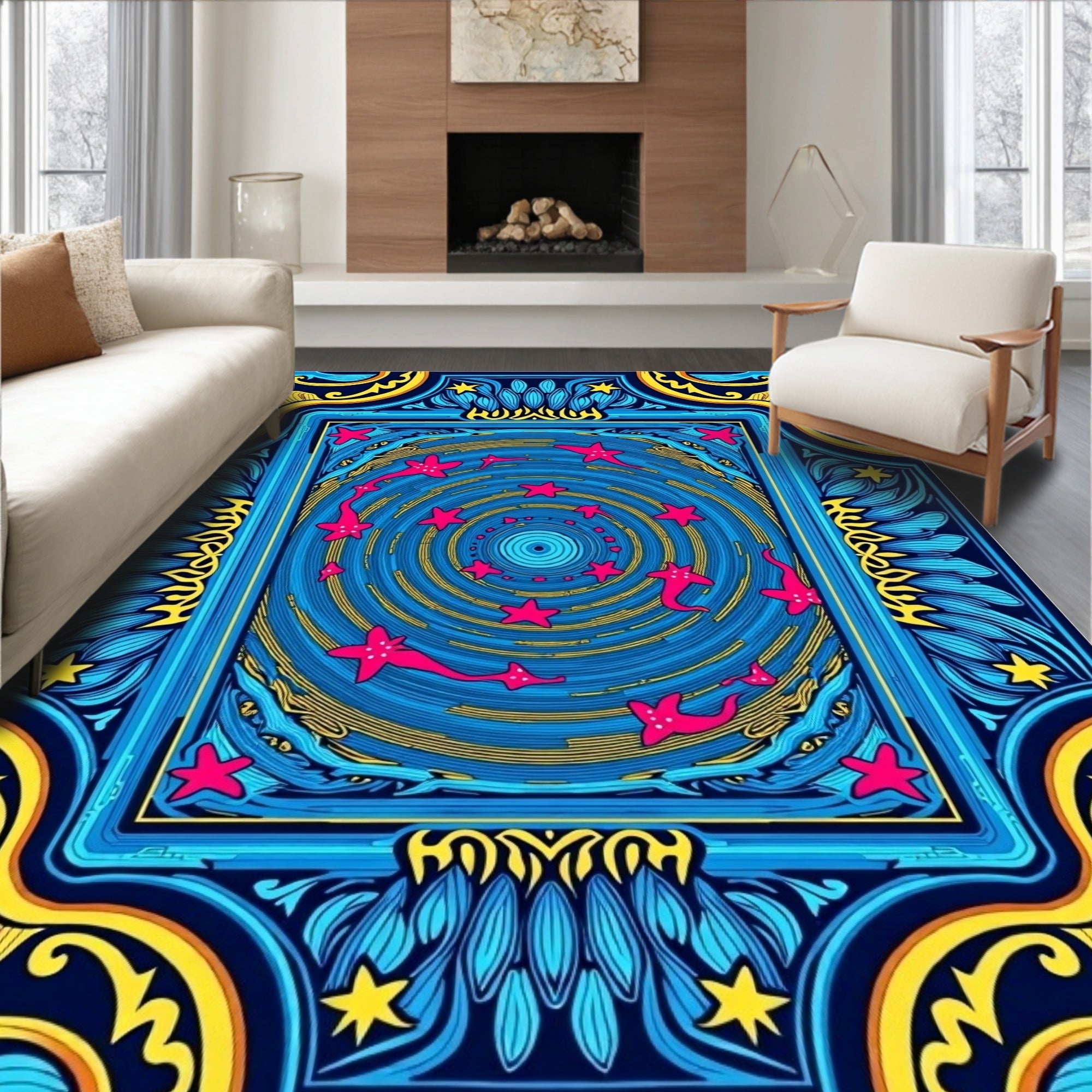 Vibrant Blue Starry Swirl Frame Rug