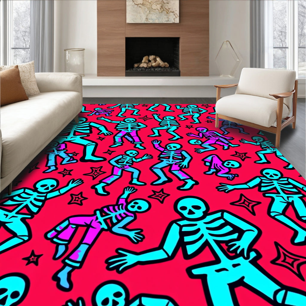 Dancing Skeletons Crimson Blue Graphic Rug