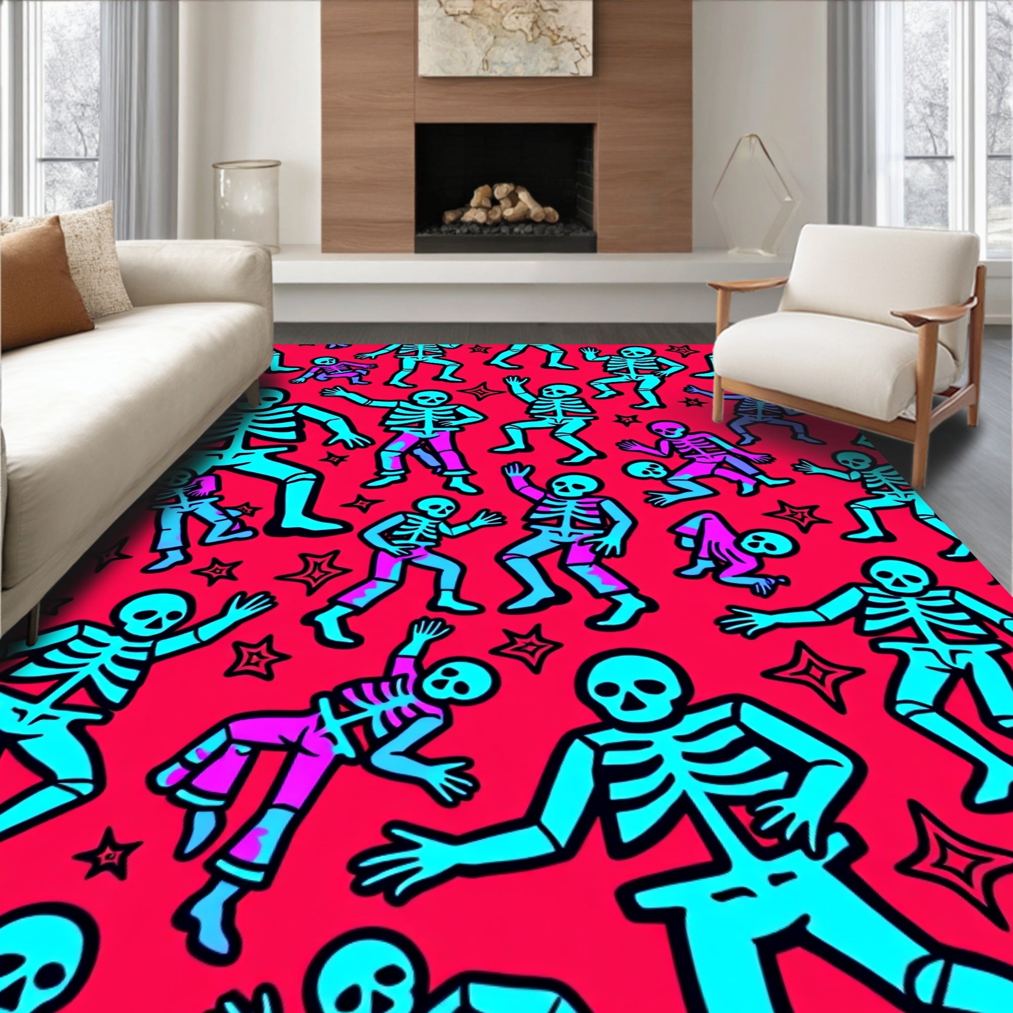 Dancing Skeletons Crimson Blue Graphic Rug