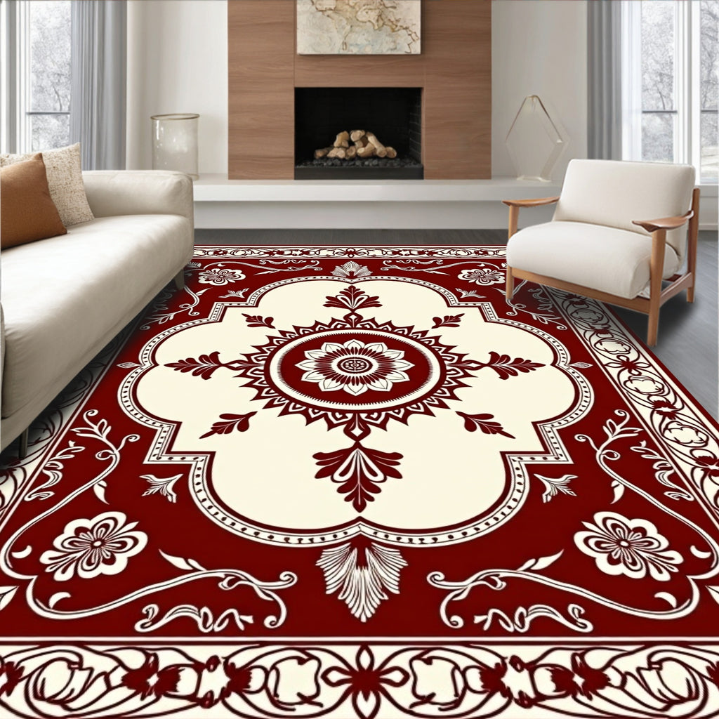 Rich Crimson Bloom Scrollwork Square Rug