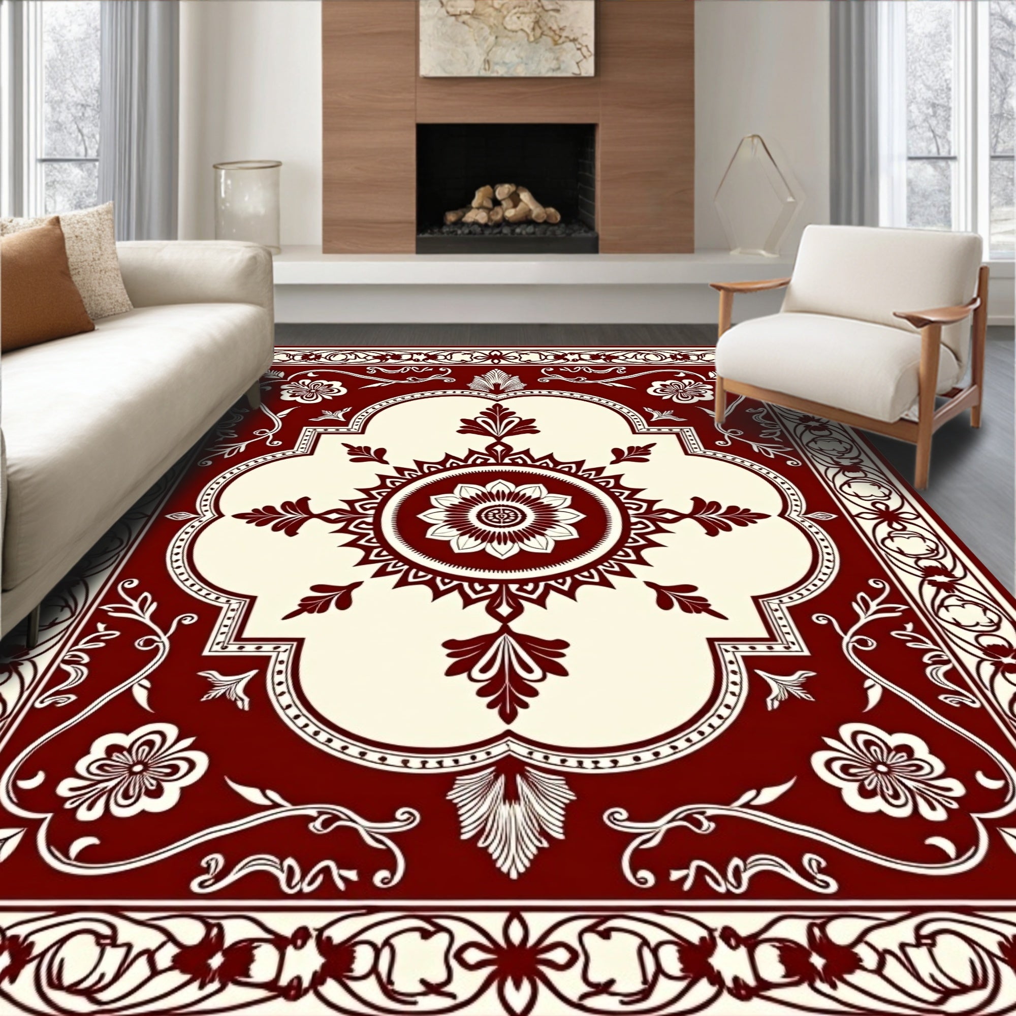 Rich Crimson Bloom Scrollwork Square Rug