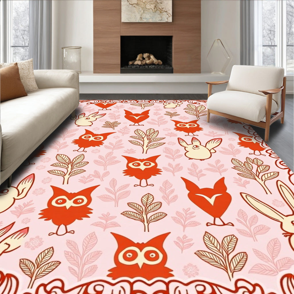 Whimsical Red Owl Bunny Botanical Pink Rug