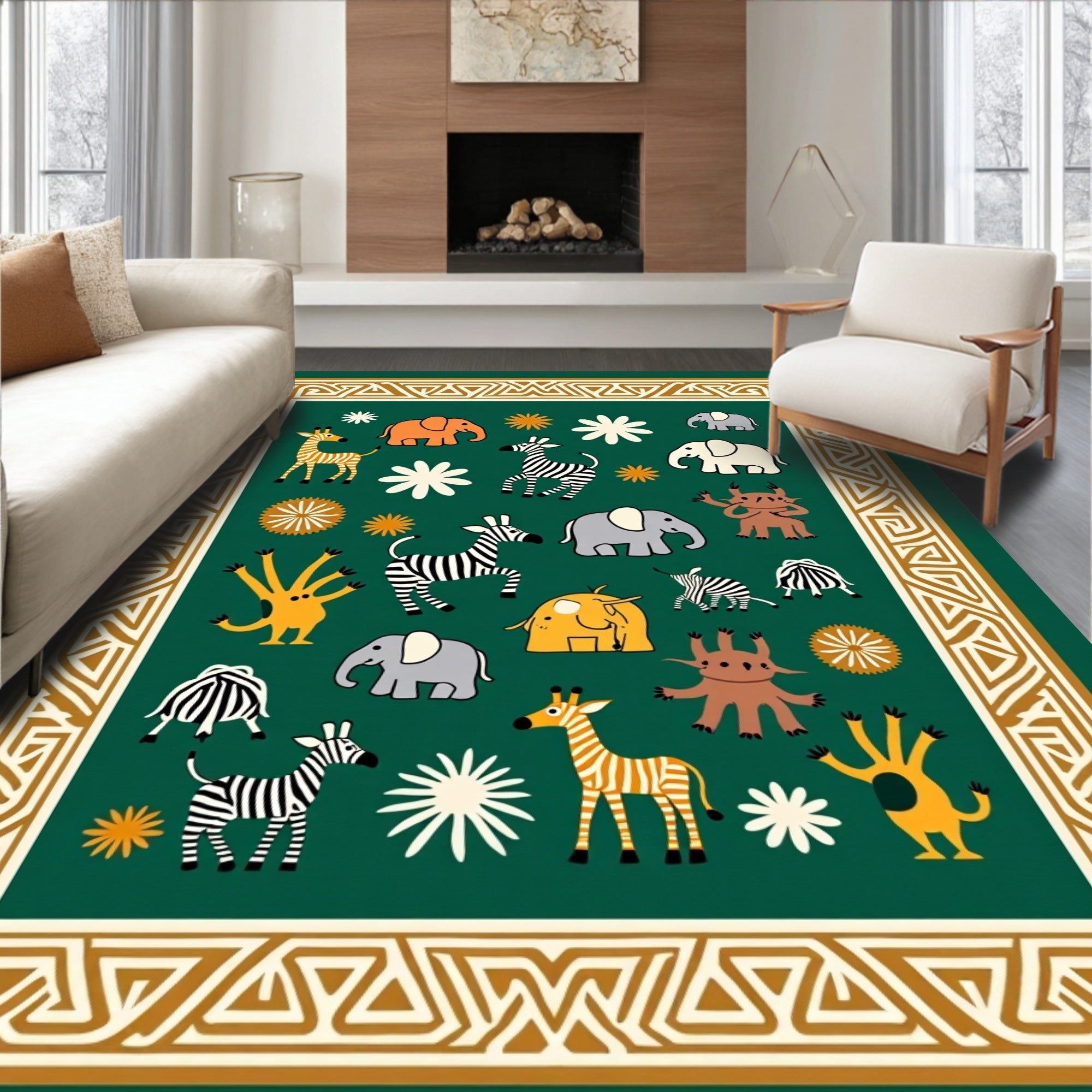 Green Cream Safari Animals Border Rug