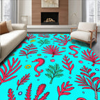 Coral Seahorse Aqua Botanical Rug