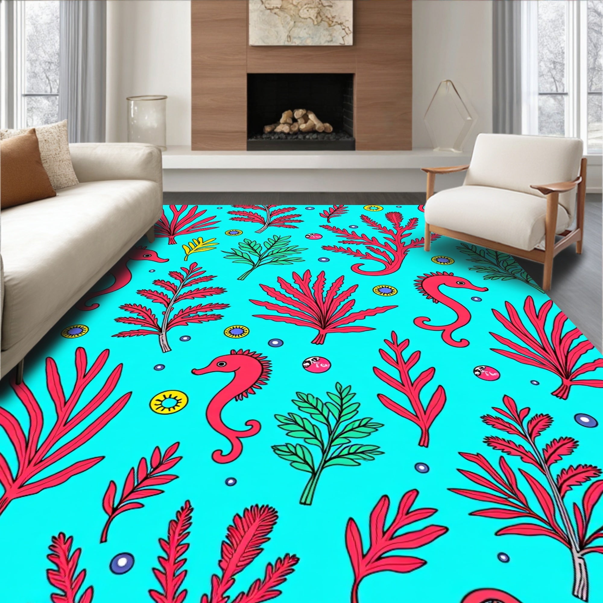 Coral Seahorse Aqua Botanical Rug