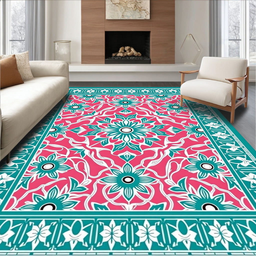 Vibrant Pink Teal Floral Medallion Rug