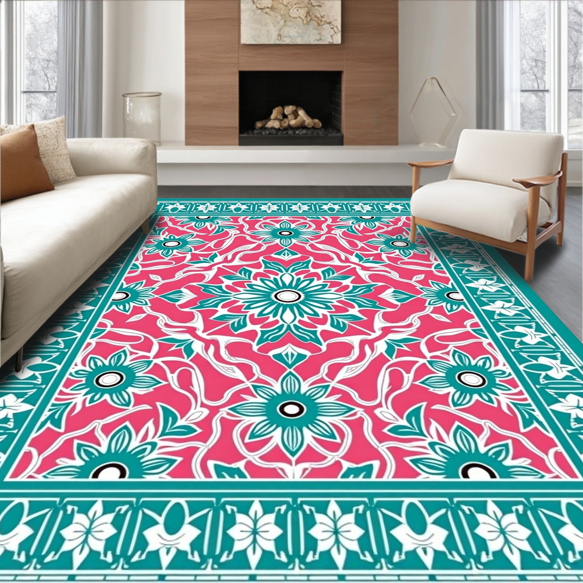 Vibrant Pink Teal Floral Medallion Rug