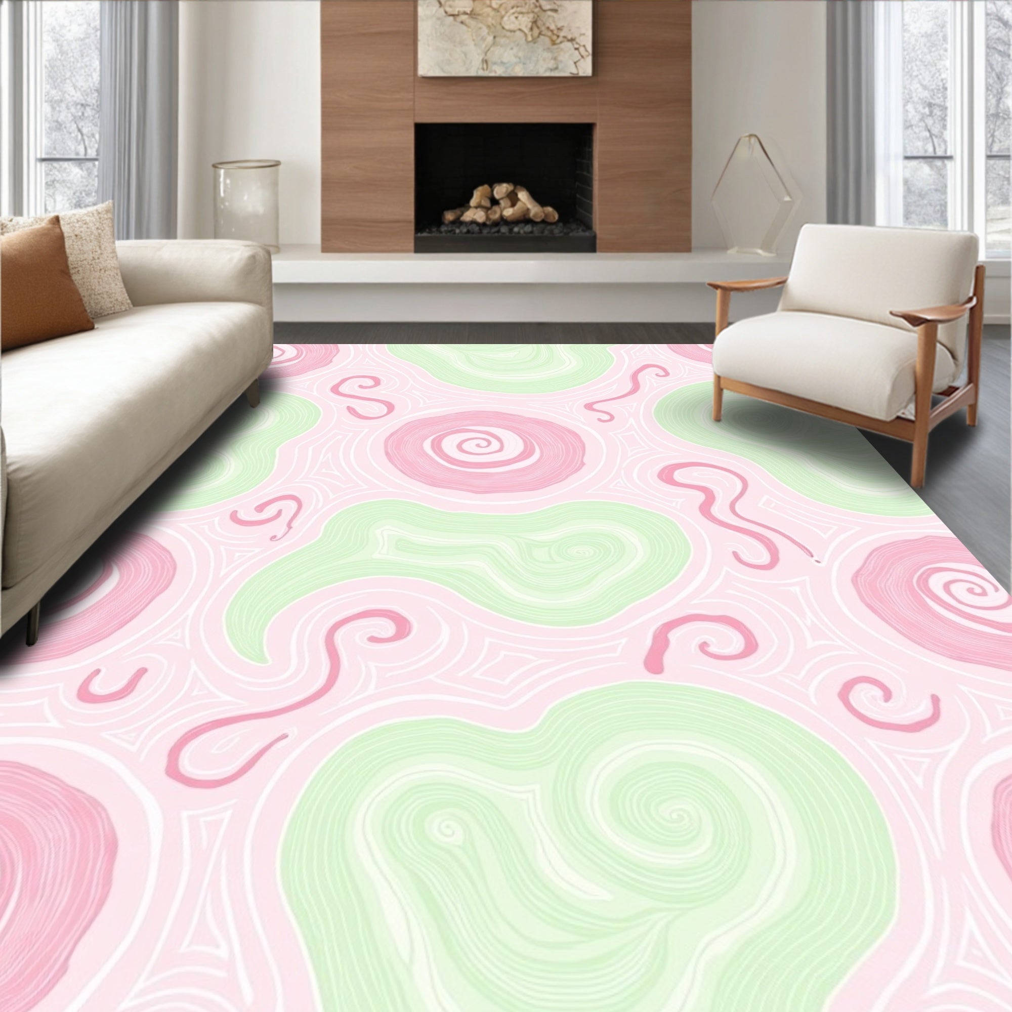 Pink Green Swirl Abstract Fluid Rug