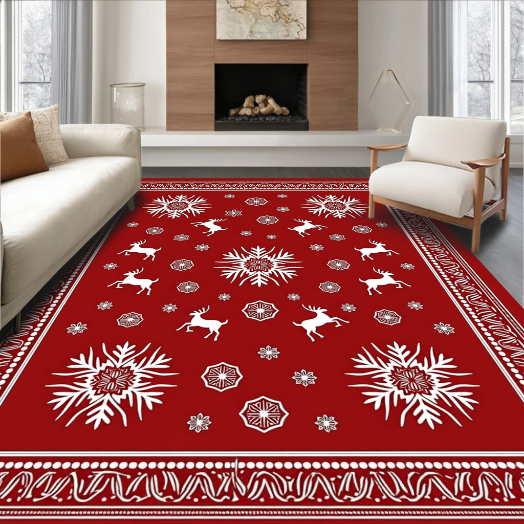 Red Snowflakes Reindeer Winter Border Rug