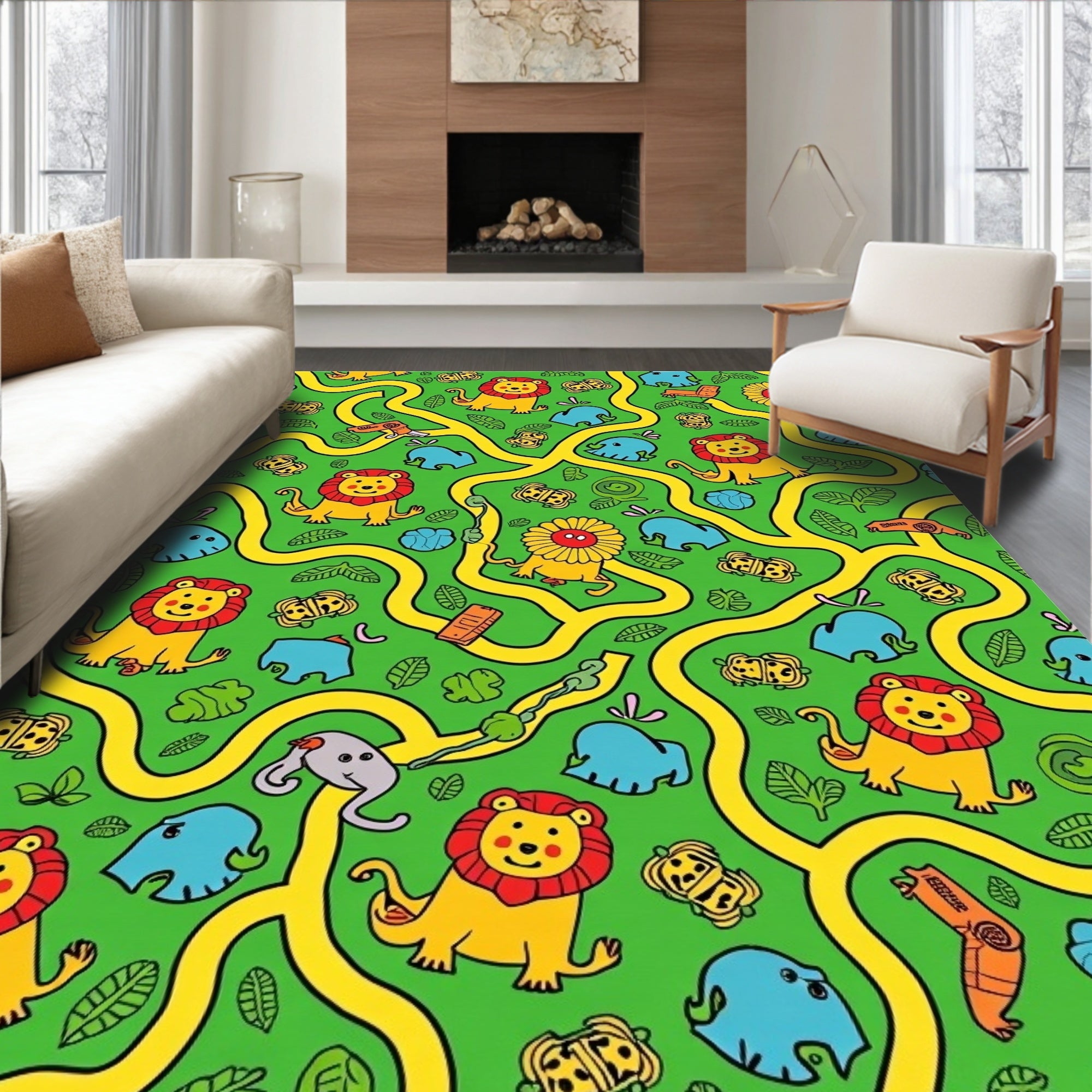 Jungle Safari Playful Lions Elephants Maze Rug