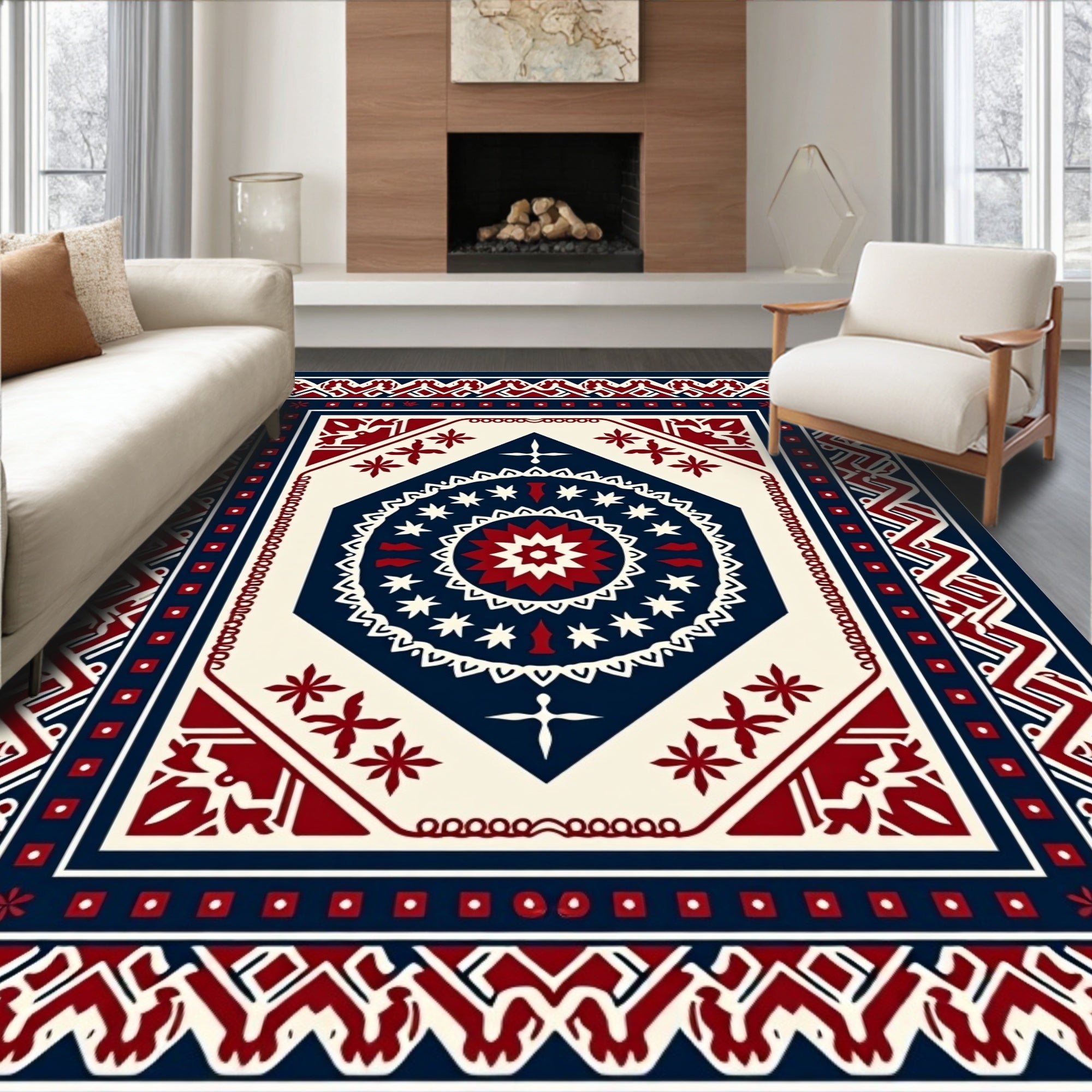 Crimson Navy Geometric Medallion Rug