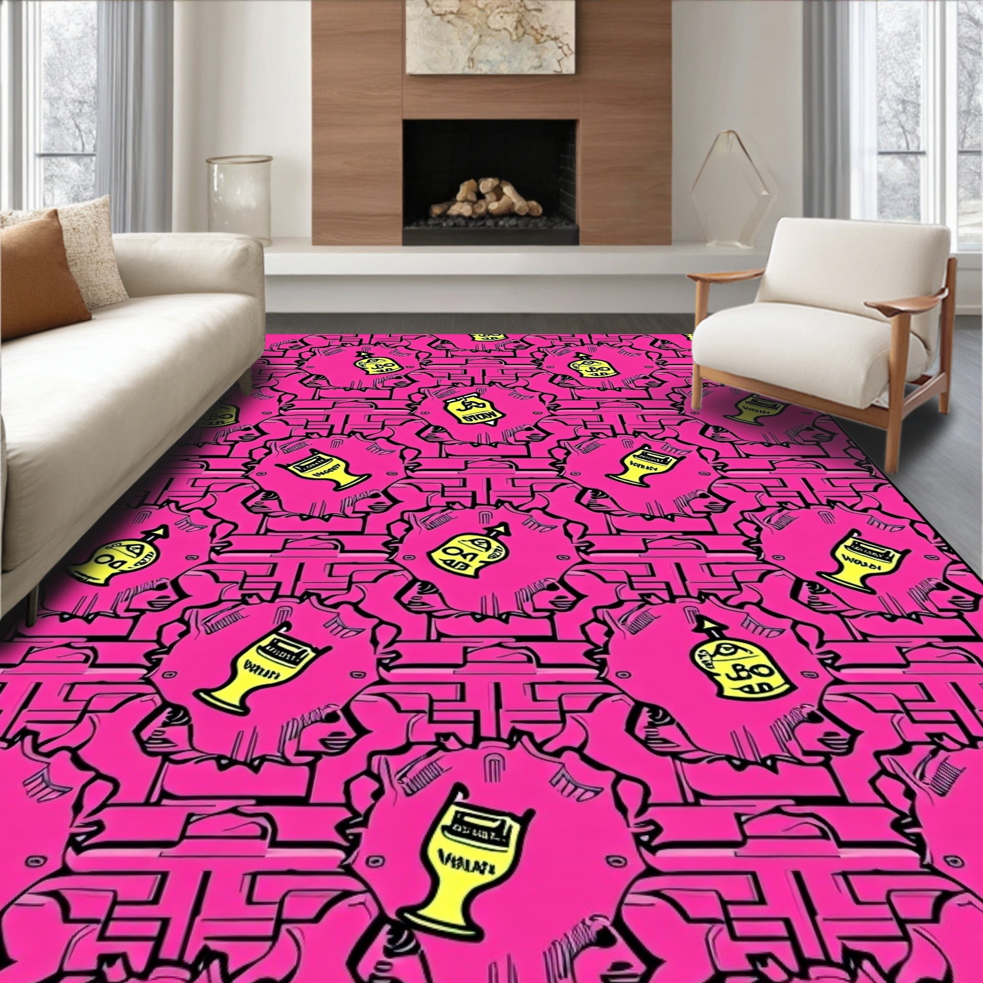 Hot Pink Retro Bottle Motif Rug