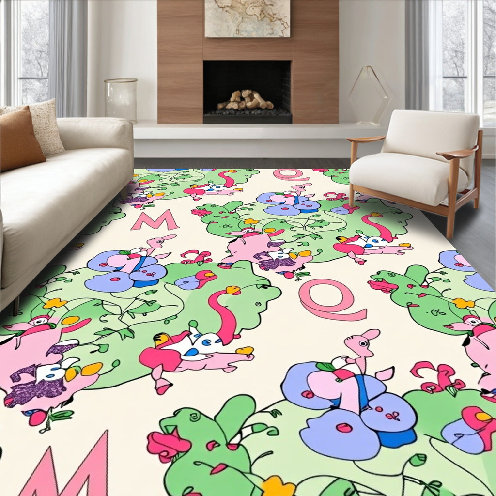 Whimsical Pink Green Cartoon Characters Rug