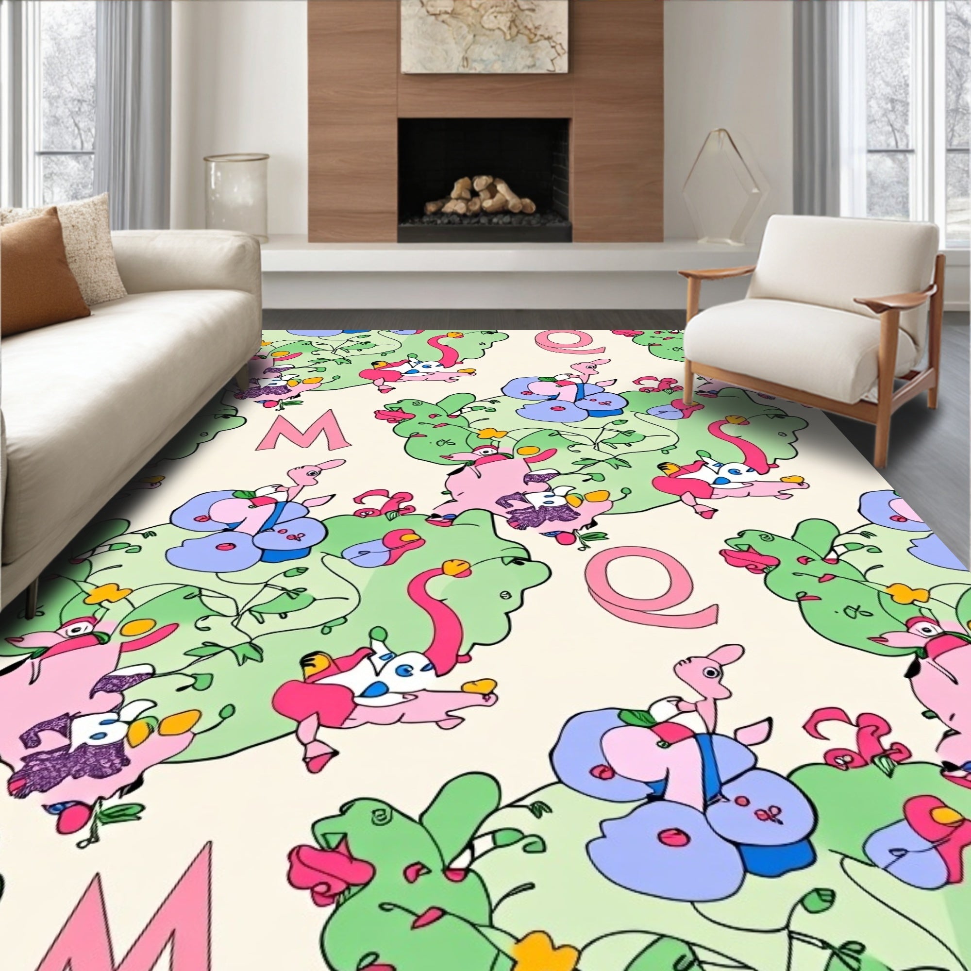 Whimsical Pink Green Cartoon Characters Rug