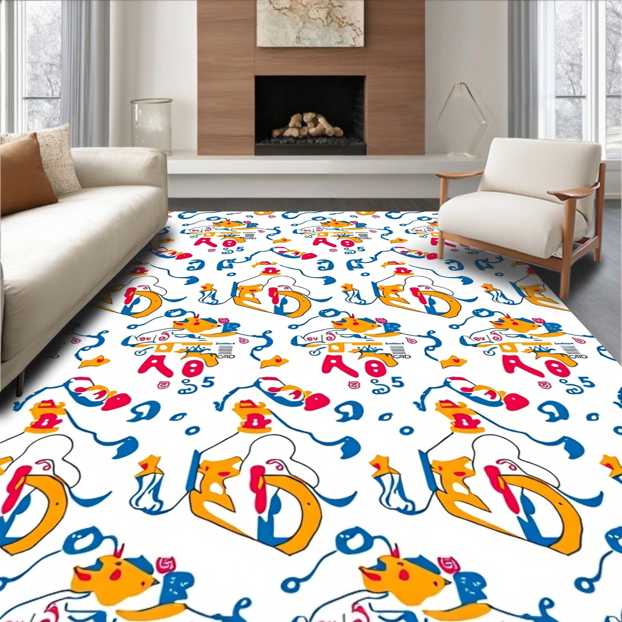 Playful Yellow Fish Alphabet Abstract Rug