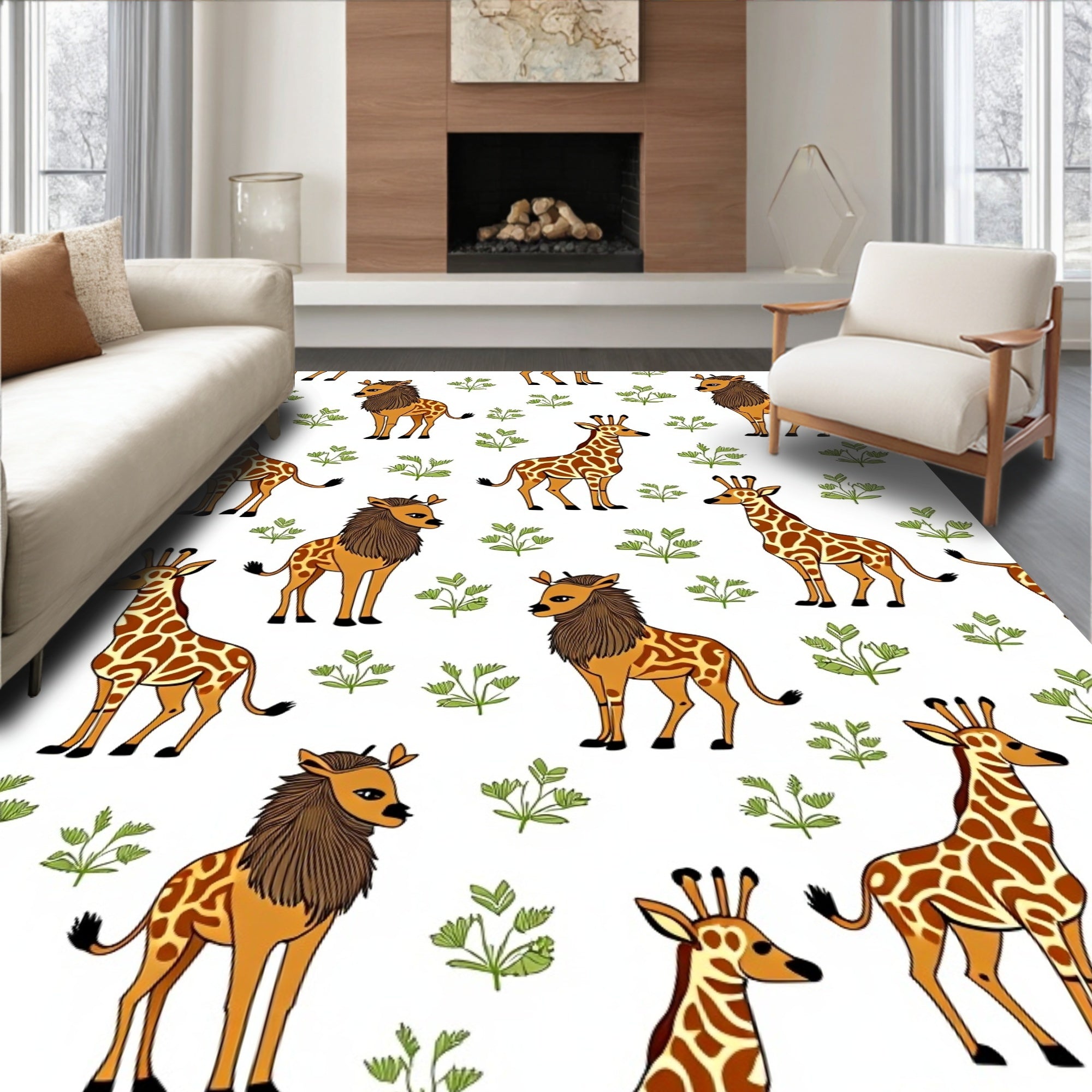 Whimsical Giraffe and Lion Cub Safari Rug