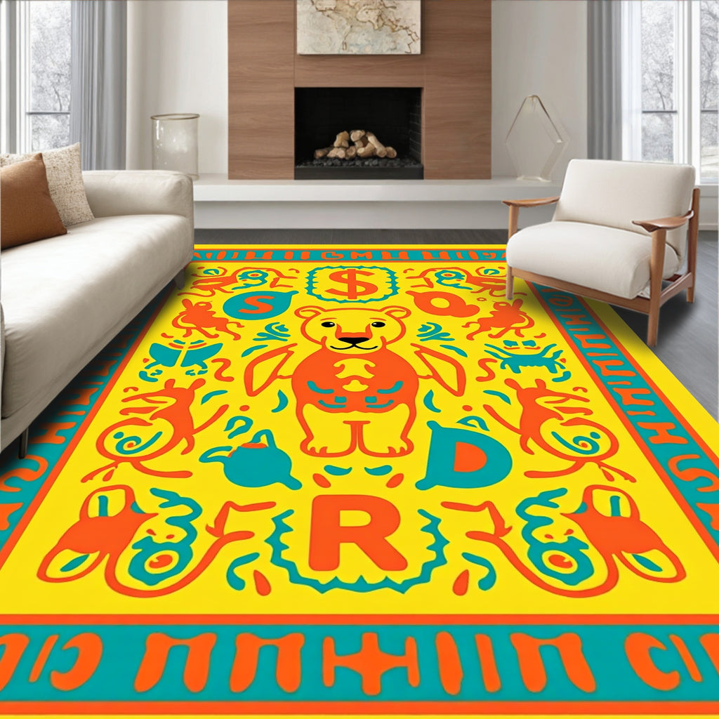 Yellow Orange Blue Comic Animals Rug