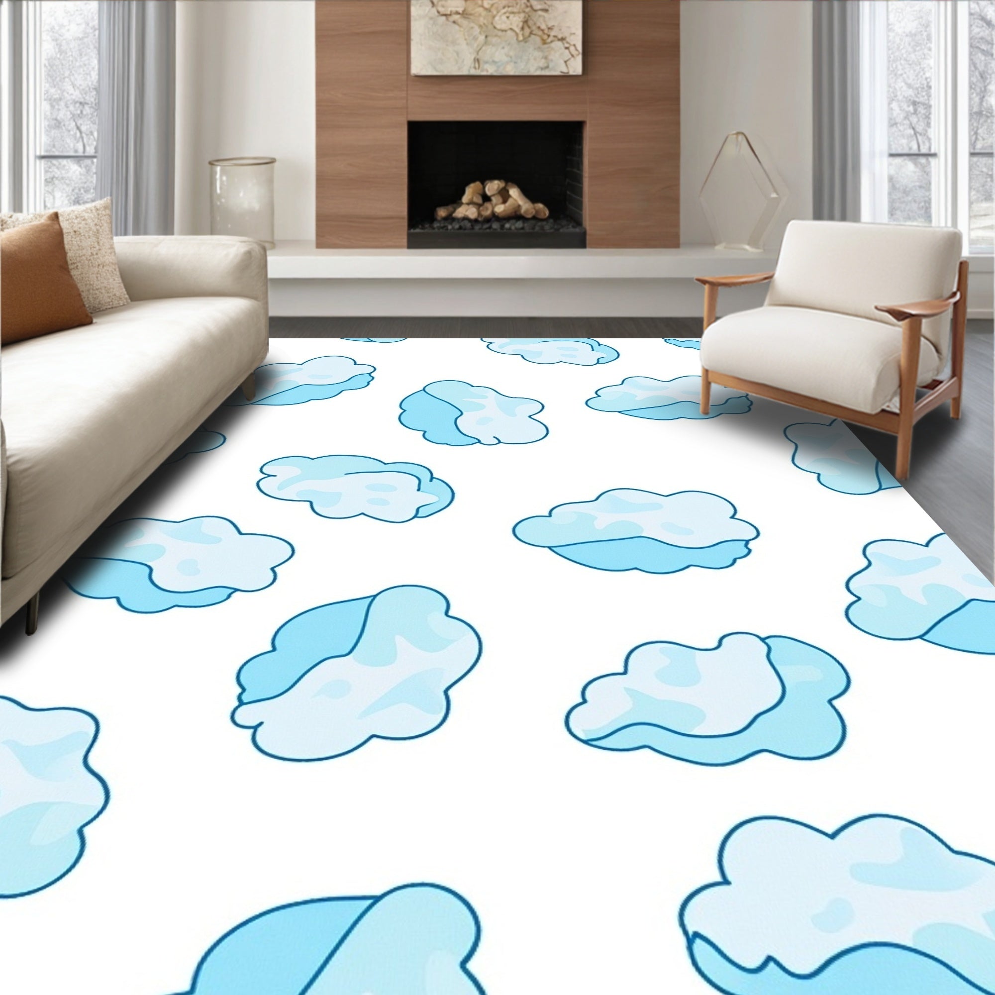 Sky Blue Puffy Cloud Collage Rug