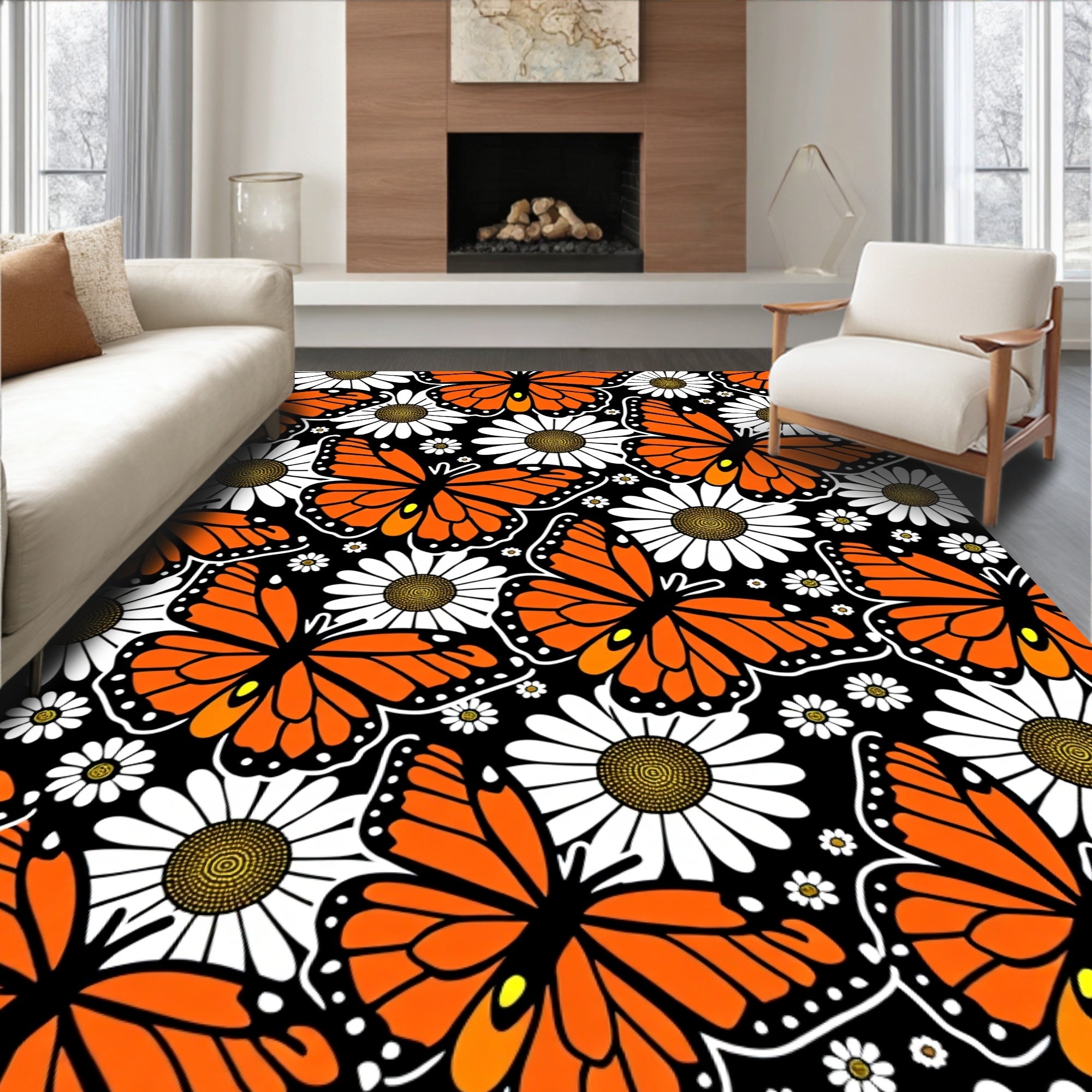 Orange Butterfly Daisy Garden Rug