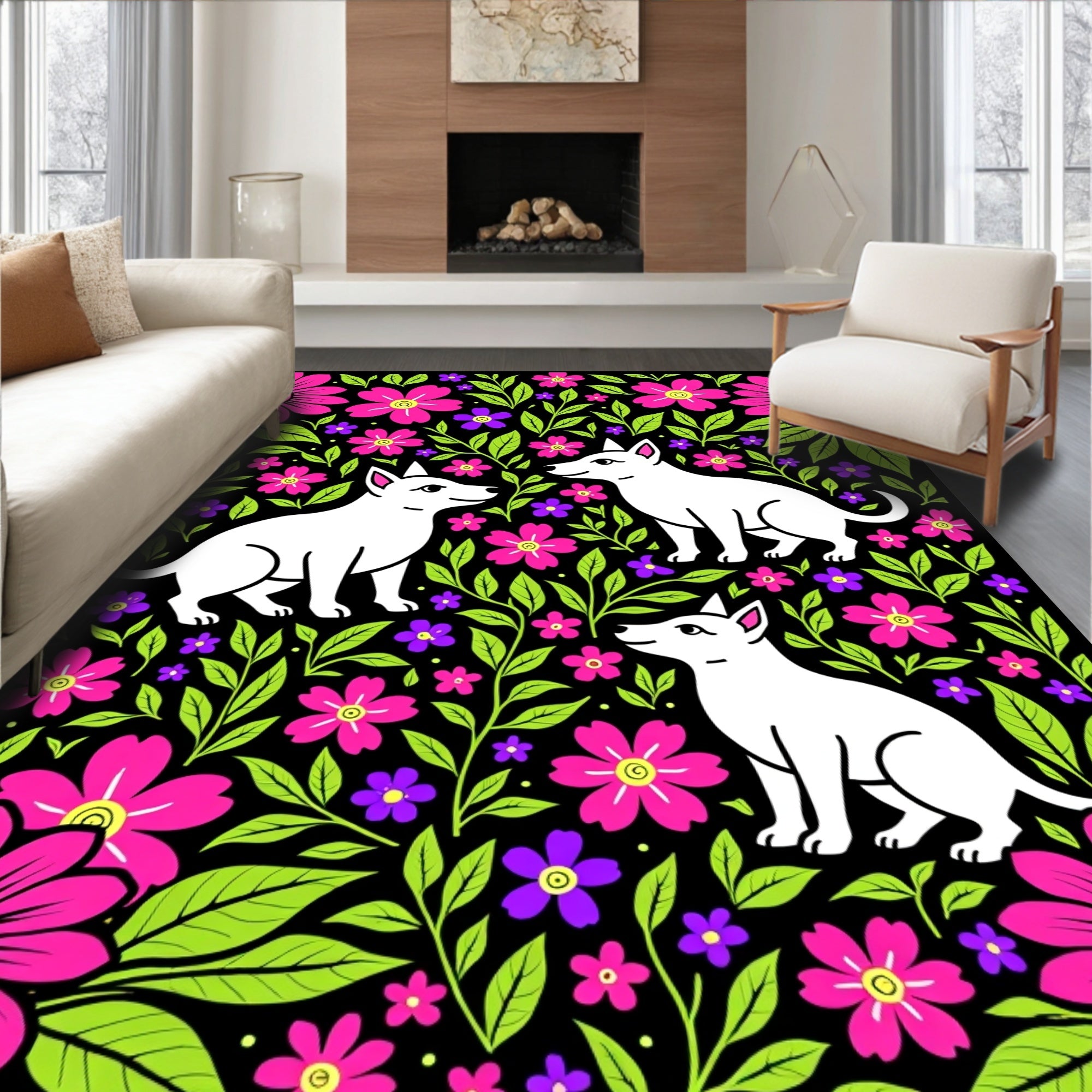 Vibrant Floral Dogs Garden Rug