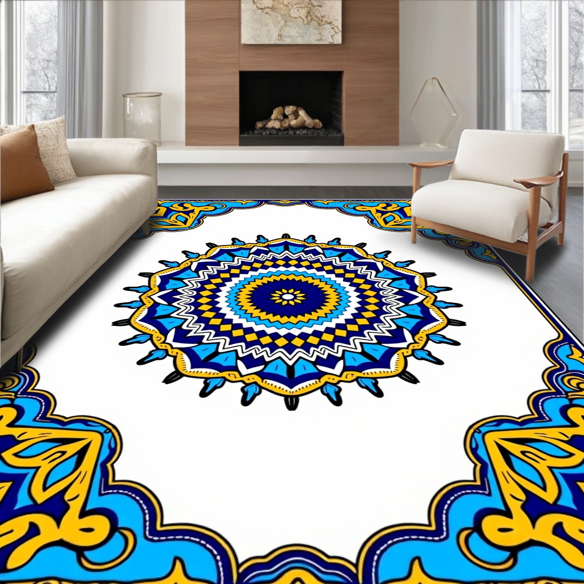 Vibrant Blue Yellow Mandala Framing Rug