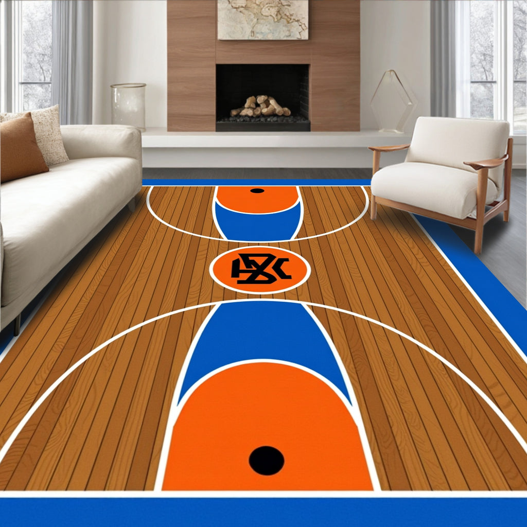 Wooden Court Blue Orange Graphic Rug