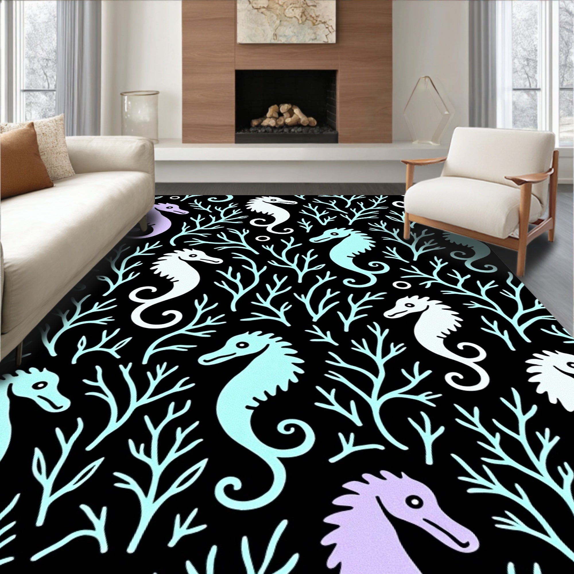 Pastel Seahorse Coral Scene Rug