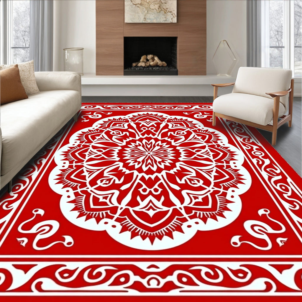 Dramatic Red White Mandala Border Rug