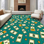 Golden Money Bags Dollar Bills Teal Rug