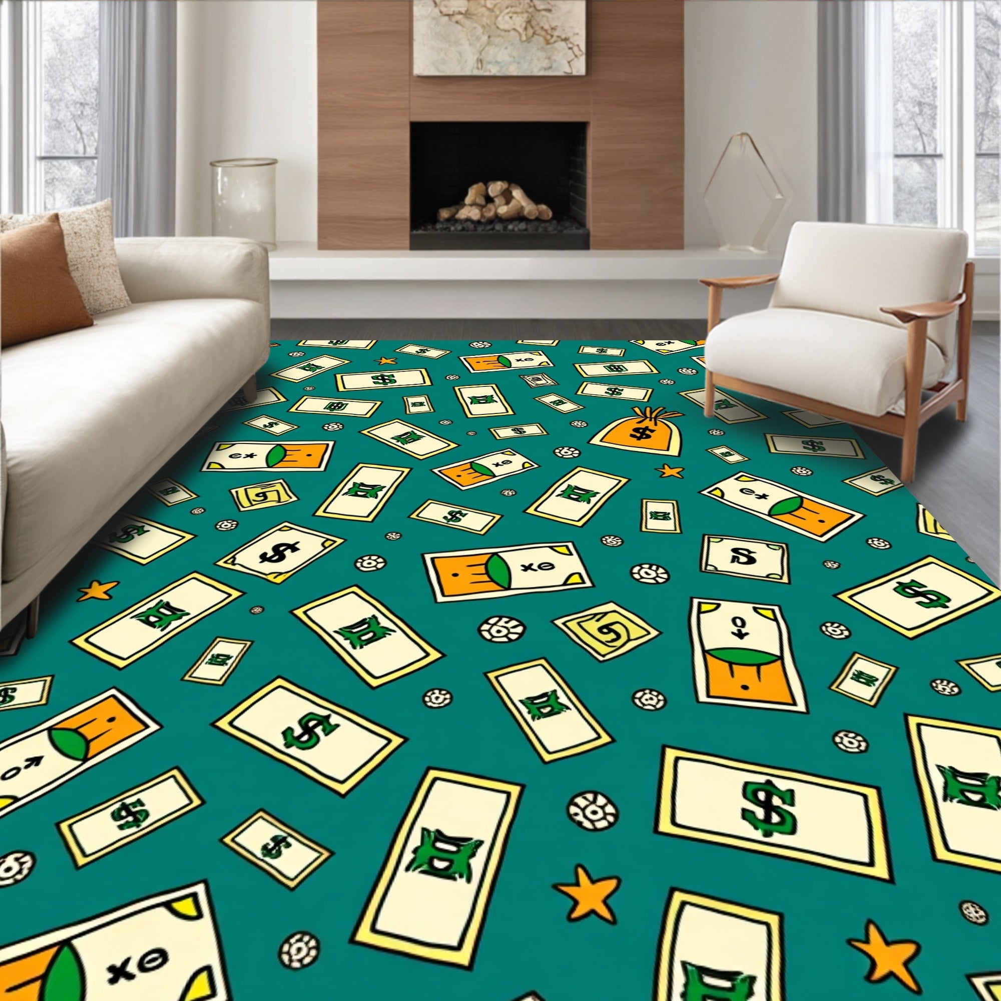 Golden Money Bags Dollar Bills Teal Rug