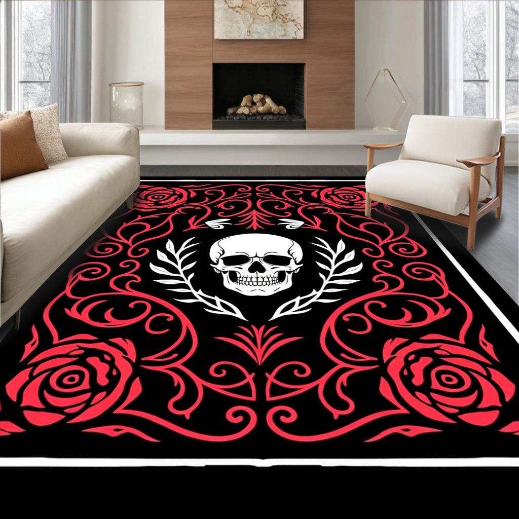 Black Red Rose Skull Garland Rug