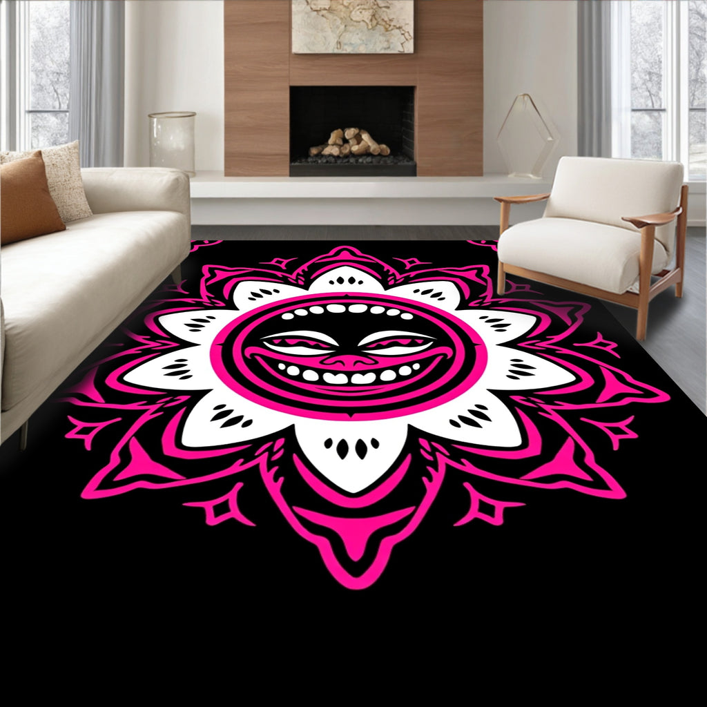 Vibrant Pink Grinning Sun Mandala Rug