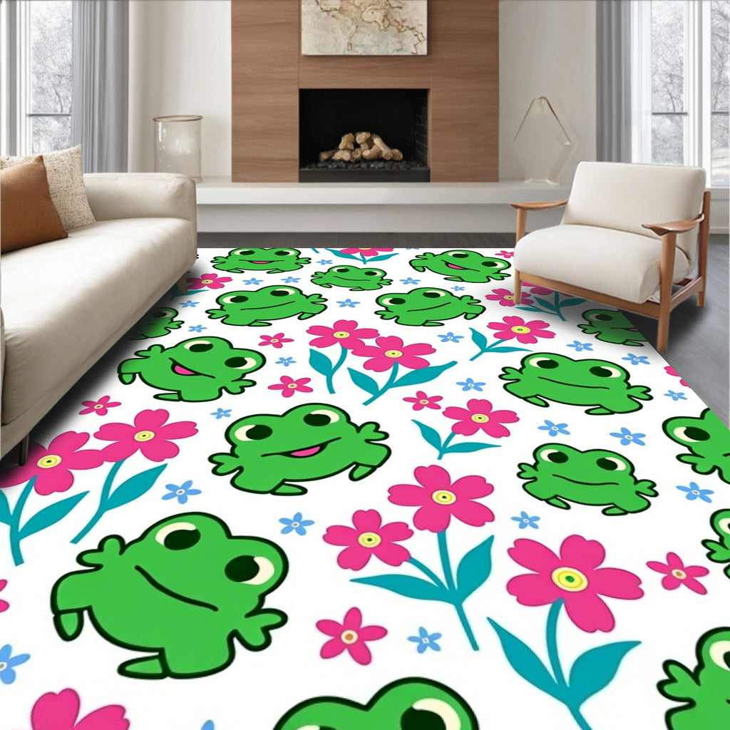 Happy Green Frog Pink Flower Garden Rug