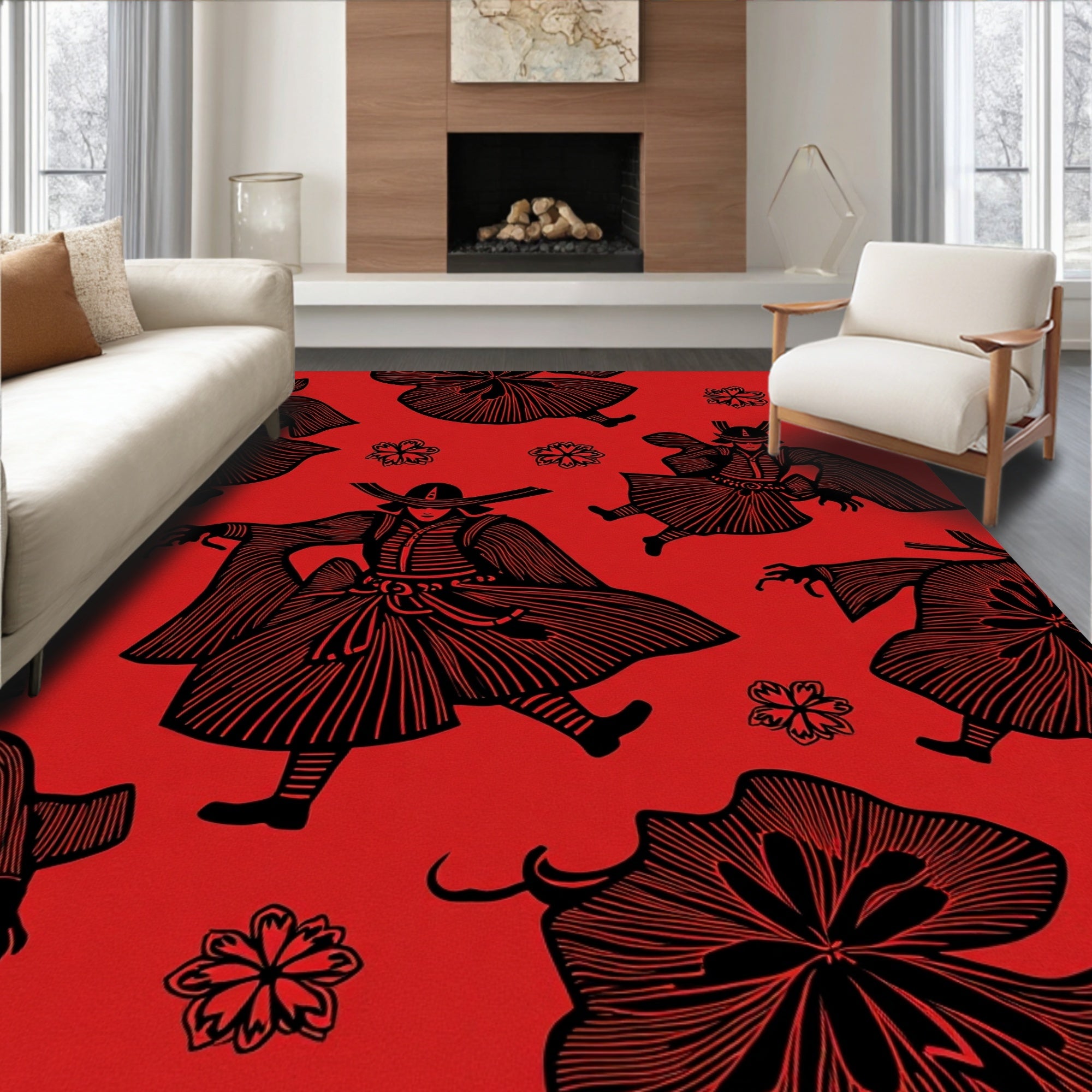 Red Samurai Figure Floral Medley Rug