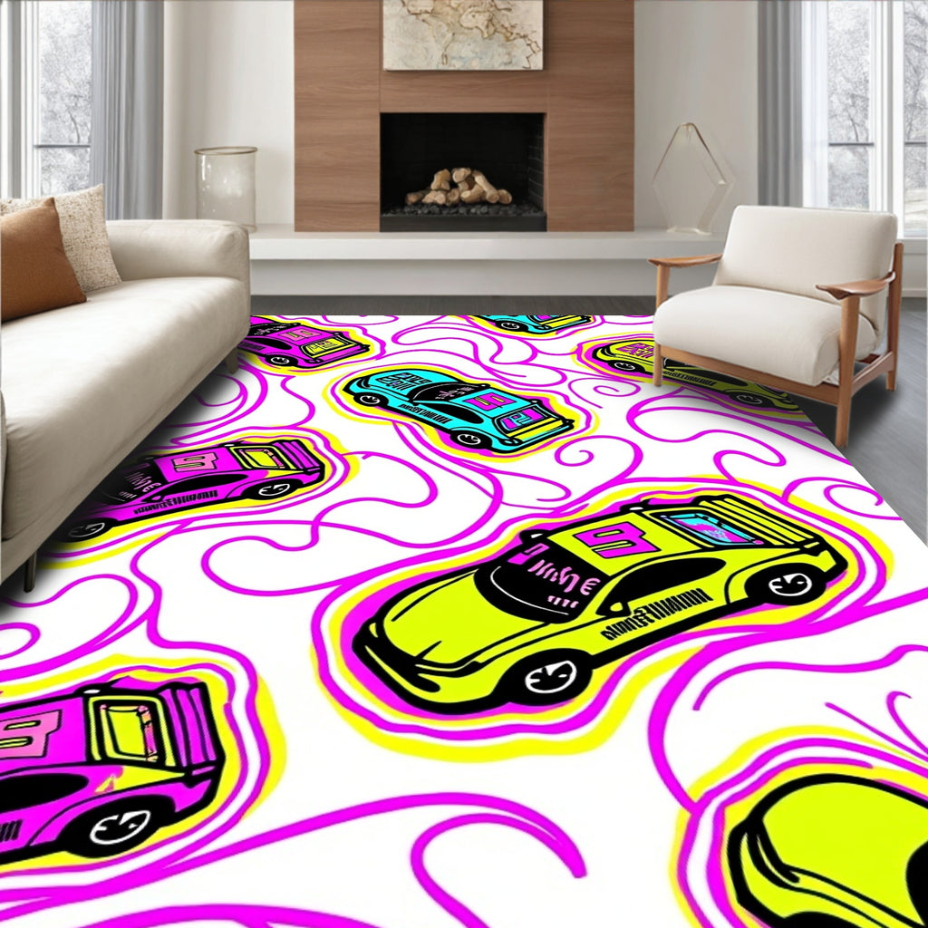 Retro Neon Cars Swirl Background Rug
