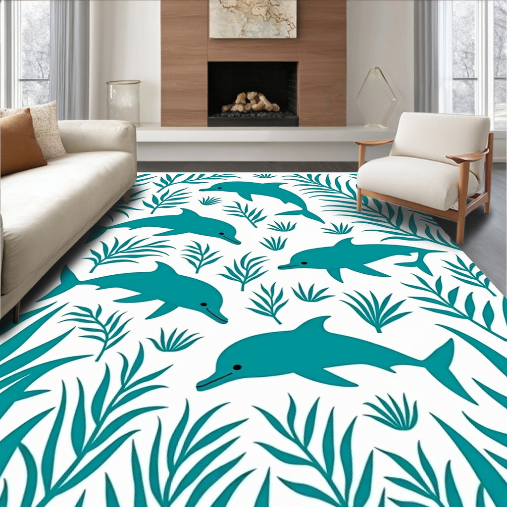 Teal Dolphins Amidst Lush Foliage Rug