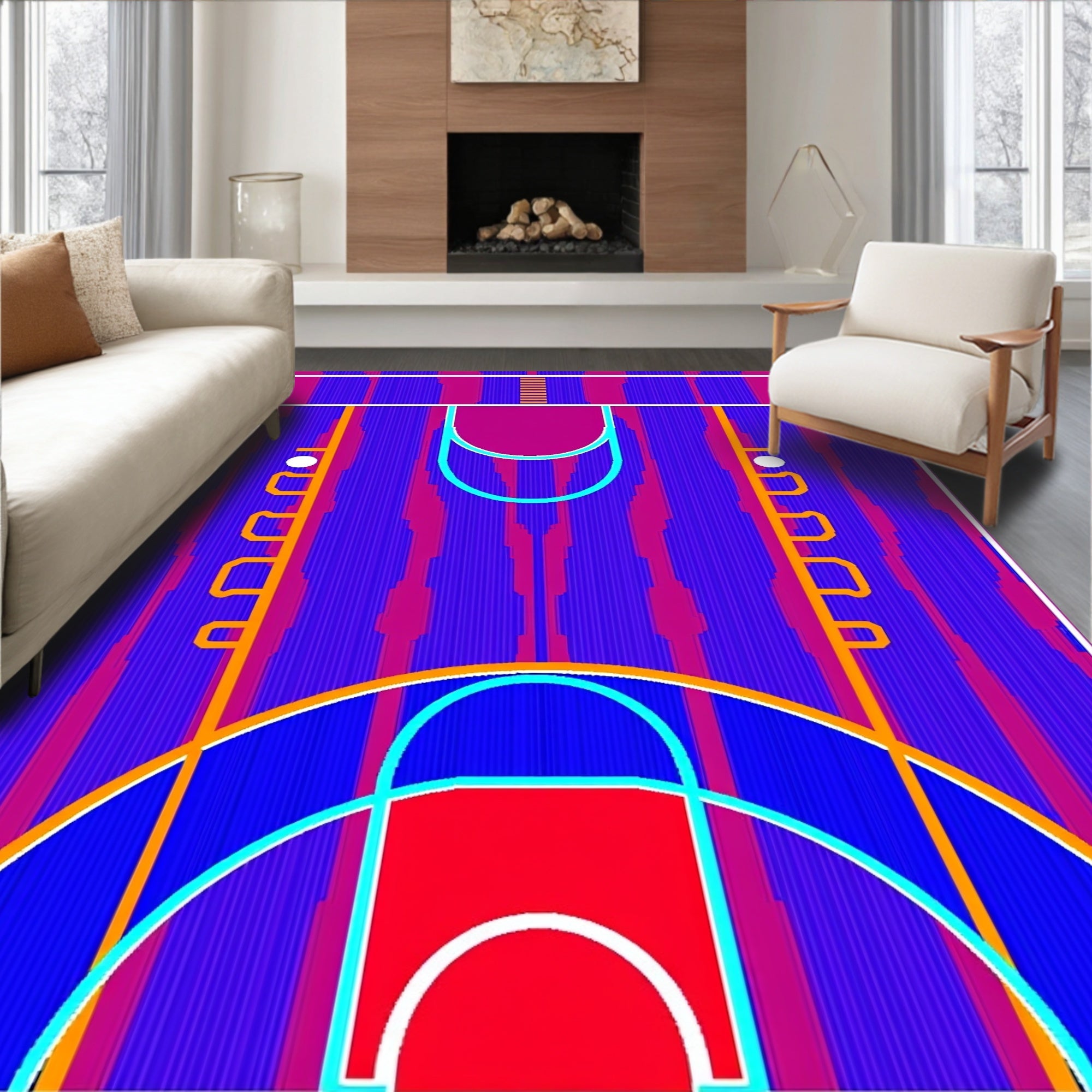 Vibrant Blue Pink Basketball Court Graphic Rug