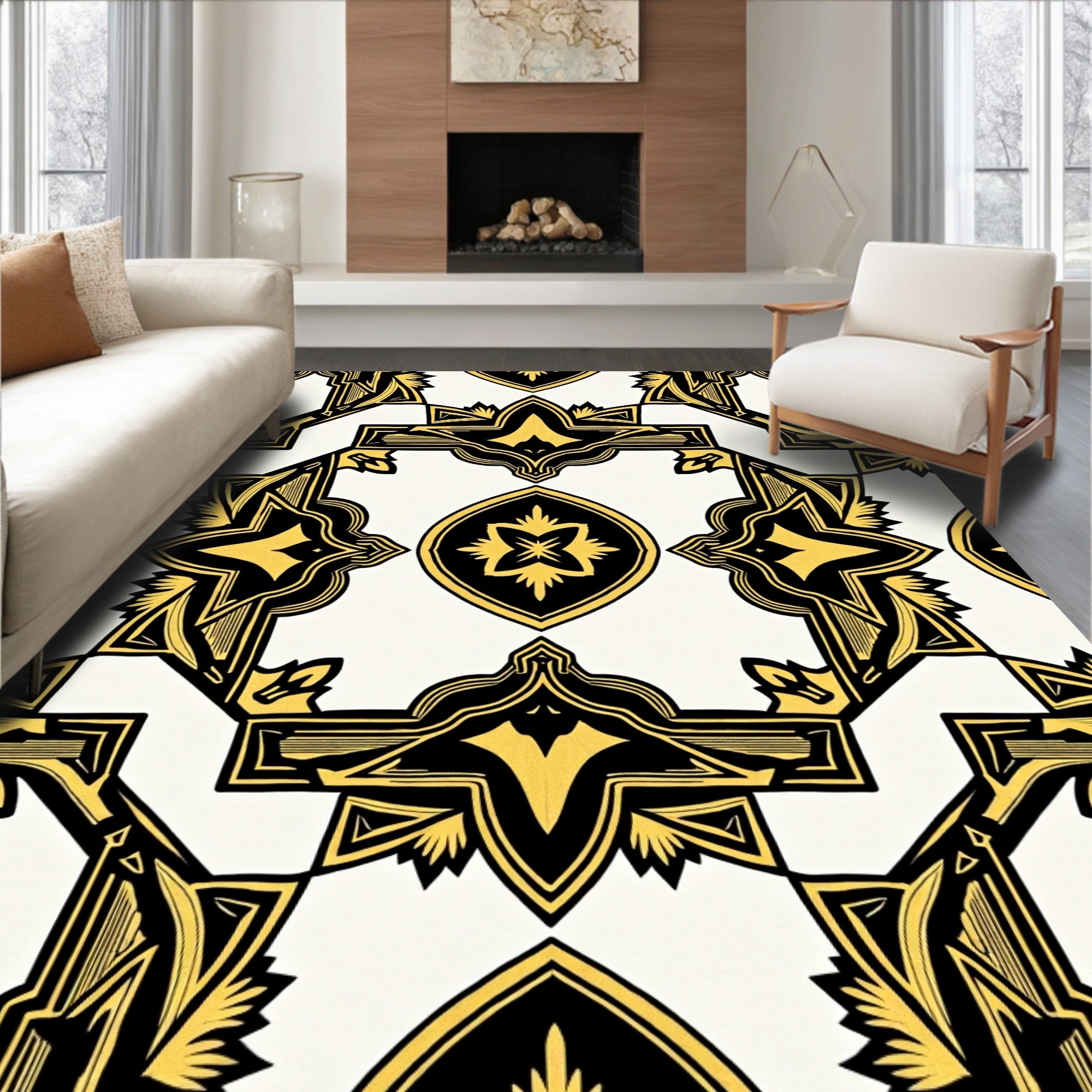 Golden Black Ornate Medallion Art Deco Rug